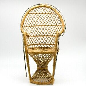 Vintage Wicker Peacock Fan Back Rattan 16” Doll Chair Plant Stand, Boho Decor